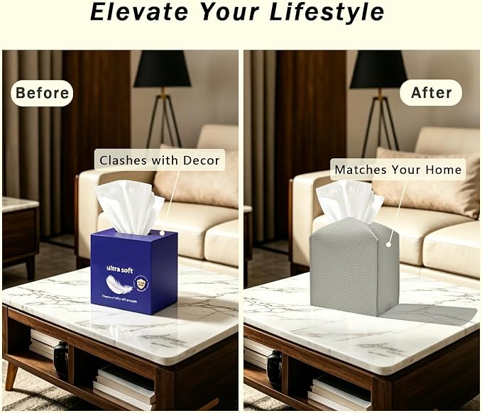 1PC Square Tissue Box Cover, PU Leather Square Tissue Box Holder with Bottom Belt Modern Tissue Box Organizer for Bathroom/Car/Hotel/Office (5.25”x5.25”x5”, Light Grey)