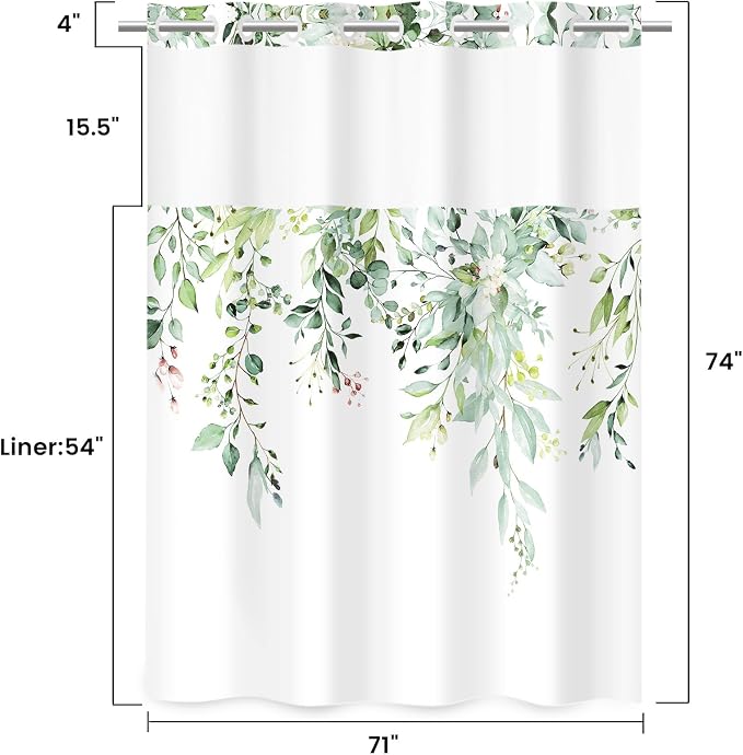 No Hook Shower Curtain with Liner, Eucalyptus Sage Green, 71x74 | Snap in Liner, 3 in 1, Water Repellent, Easy Install, Machine Washable, Hotel Style for Bathroom, Watercolor Pattern