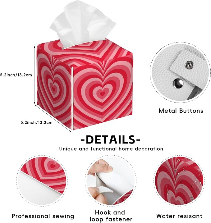 Red Heart Tissue Box Holder,Cube Tissue Box Cover Holder,Leather Facial Paper Organizer Dispenser Home for Bedroom Night Stands,Kitchen,Office and Car,5.2"×5.2"×5.2"