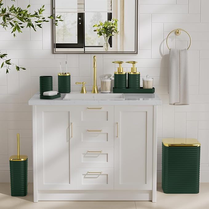 Bathroom Set - 10PC Bathroom Accessory Set, Green Bathroom Set, Luxury Bathroom Accessories Set, Trash Can, Toilet Brush, Soap Dish, Qtip Holder & Soap Dispenser