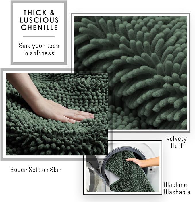 Hearth & Harbor Bathroom Rugs, Chenille Bath Mat - Machine Washable Bath Mats for Bathroom Non-Slip Backing Rubber, Quick Dry Bathroom Mat - Hunter Green 24x36