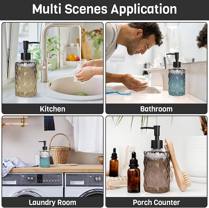Glass Soap Dispenser with Plastic Pump, 2 Pack 12oz Gradient Diamond Design Black Soap Dispenser for Dishwashing Liquid, Lotion Shower Gel
