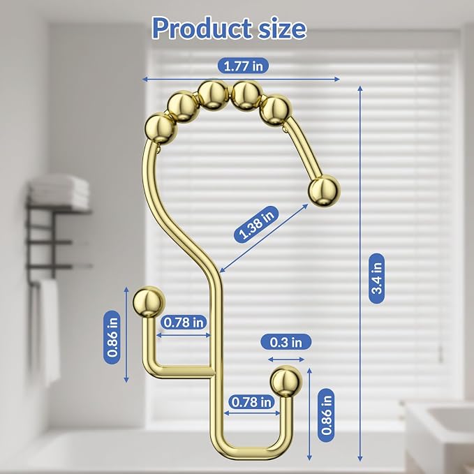 Shower Curtain Hooks, Metal Shower Curtain Rings Hooks, Gold Shower Curtain Hooks Rust Proof, Smooth Gliding Shower Rings for Curtain, Shower Hooks for Shower Curtain Rod, Gold-12 Pcs