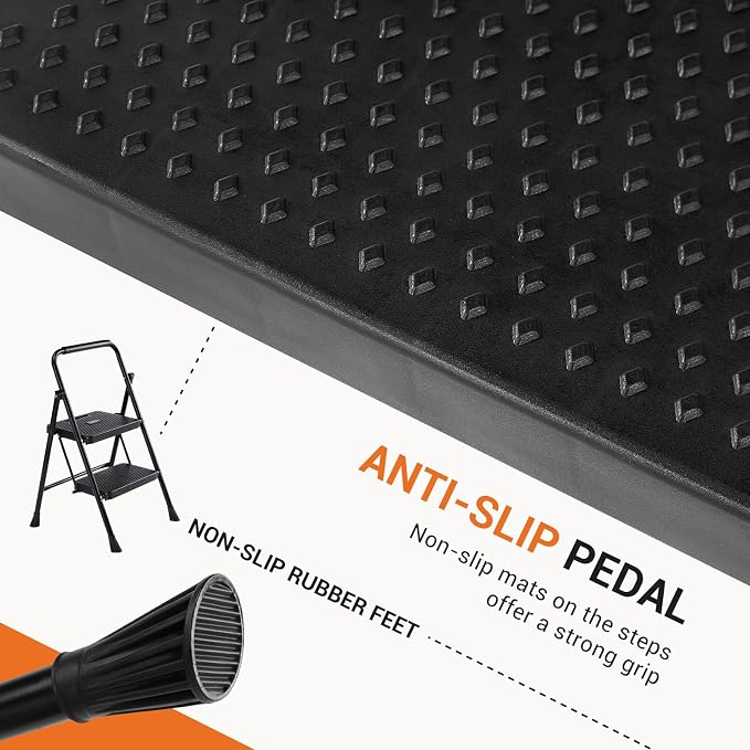 Sweetcrispy 2 Step Ladder, 800lbs Folding Sturdy Step Stool | Portable Stepping Stool with Wide Anti-Silp Pedal & Cushioned Handle, for Home Kitchen and Outdoor - Black