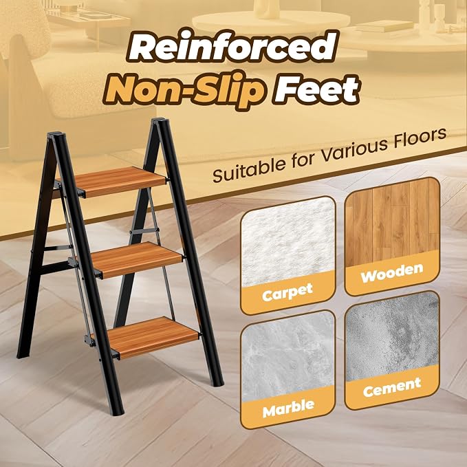 HBTower 3 Step Ladder, Lightweight Aluminum Folding Step Stool | Anti-Slip Wide Pedal, 330lbs Capacity Step Ladder for Household Kitchen Office, BlackWoodgrain