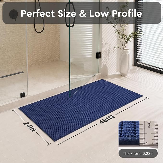 tchdio Bathroom Runner Rug, Absorbent Washable Thin Bath Mat, Non Slip Quick Dry Bath Rugs with Solid Rubber Backing, Low Profile Bath Mat, Blue, 24" x 48"
