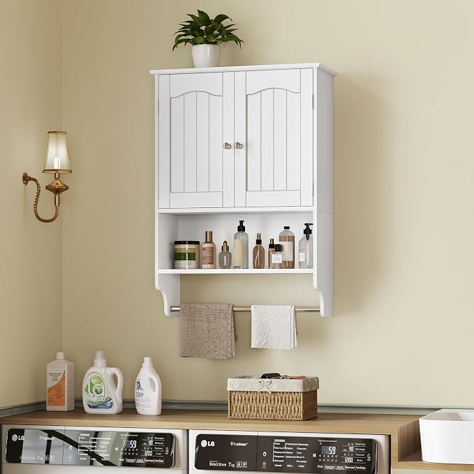 Medicine Cabinet with Adjustable Shelves and Towel Rack, Wall Mounted Bathroom Cabinet Over the Toilet Storage for Bathroom, Living Room, White