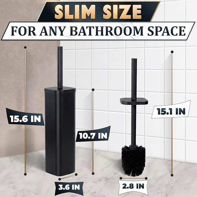 Black Toilet Brush and Holder Set for Modern Bathrooms (Square) | Toilet Bowl Brush and Holder, Removable Inner Bowl, Dense Bristles, Long Handle, Scratch Resistant, Detachable Long Handle