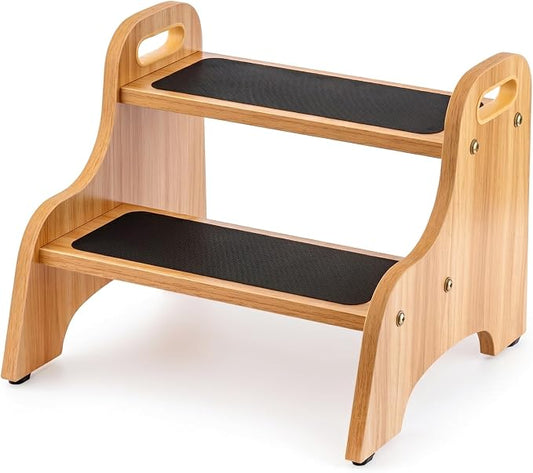 StrongTek Wooden Toddler 2 Step Stool, 350 lb, Non-Slip, Natural | 13 in High, Wide Non-Slip Steps, Built-In Handles, Stable Support for Sink, Potty Training, Kitchen, Bathroom and Bedside