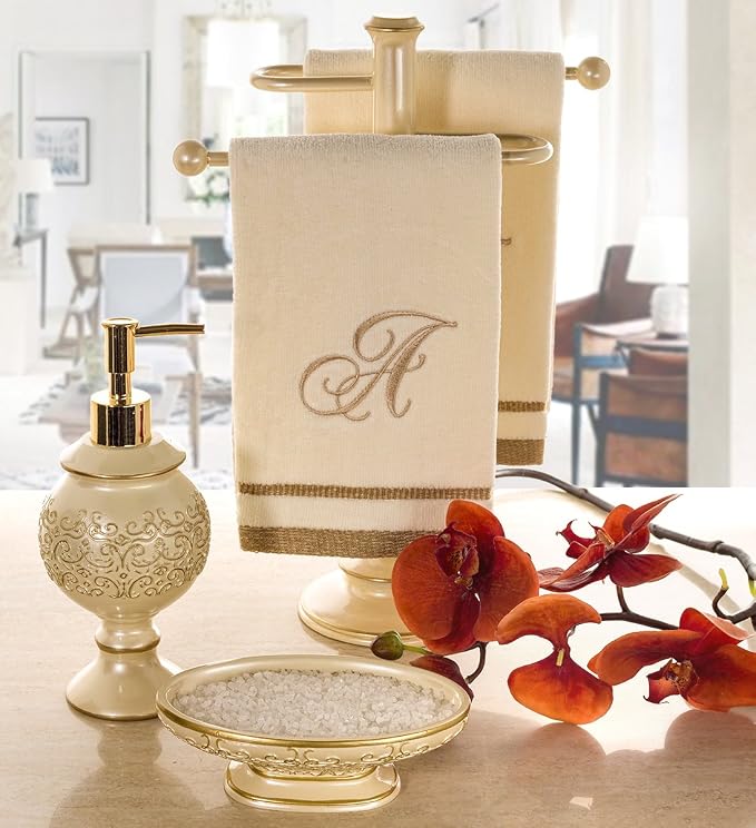 Shannon Beige with Gold 4 Piece Resin Bathroom Accessories Set | Includes Soap Dispenser, Toothbrush Holder, Tumbler Cup & Soap Dish