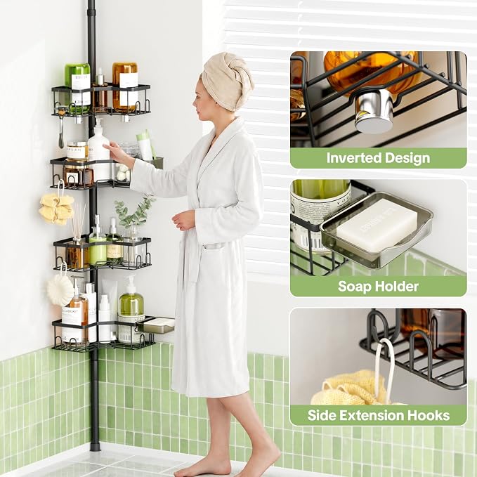 Corner Tension Pole Shower Caddy, 4 Tier Rustproof Shower Tension Rod Organizer with Soap Holder & Hooks, Adjustable 34-125 Inch Bathroom Shelf for Renters - Family Stand Storage Rack, Black