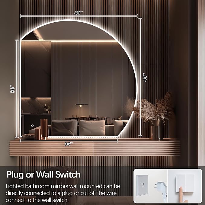 Niccy Half Moon LED Mirror for Bathroom, 40" Backlit + Front Lit Lighted Semi Round Makeup Mirrors for Wall, Anti-Fog, Dimmable 3-Colors, Memory Function, Shatterproof Smart Vanity Mirror