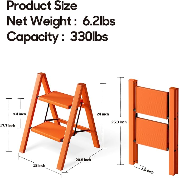HillhutApex Aluminum Step Stool Foldable,2 Step Ladder (Orange) | Lightweight Portable step ladder with Anti-Slip Wide Pedal,330lbs Capacity Ladder for Household,Office,Kitchen