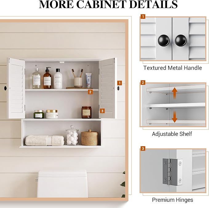 Bathroom Wall Cabinet with Adjustable Shelf, White 25" x 24" Medicine Cabinet with Louvered Doors, Over Toilet Storage Cabinet, Wall Mounted Bathroom Organizer for Bathroom, Laundry Room