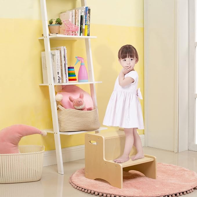 Wooden Toddler Step Stool for Kids, Bathroom Potty Stool & Kitchen Stool, Natural Two Step Stool for Bedroom, Children's Stool with Handles and Safety Non-Slip Pads