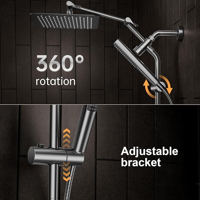 Veken All Metal 10" Luxurious Gray Rain Shower Heads with Handheld Spray | Dual High Pressure Shower Head,Square Detachable Rainfall Showerhead with Extension Arm,Regaderas Para Shower,Ducha Para Baño