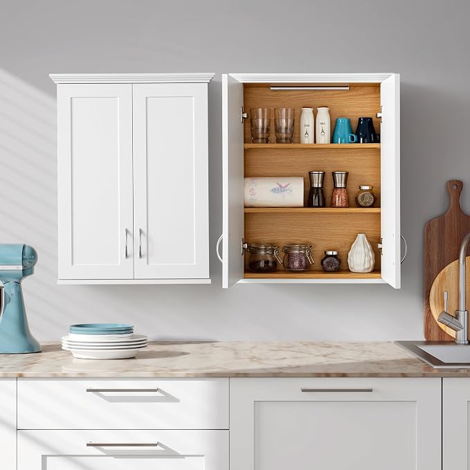 VANIRROR Bathroom Cabinet Wall Mount with DIY Lighting Dual-Tone Design | Wooden Medicine Cabinet Unique Top Over the Toilet Saver Storage Cabinets for Laundry Kitchen Entryway
