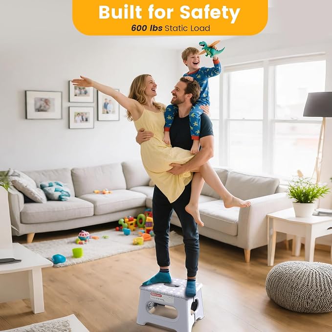HBTower Folding Step Stool 9 Inch, 600 LBS Capacity with Safety Lock, White | Compact Step Stool Foldable for Kids & Adults, Portable Carry Handle, Collapsible Foot Stool, Kitchen, Bathroom & Outdoor