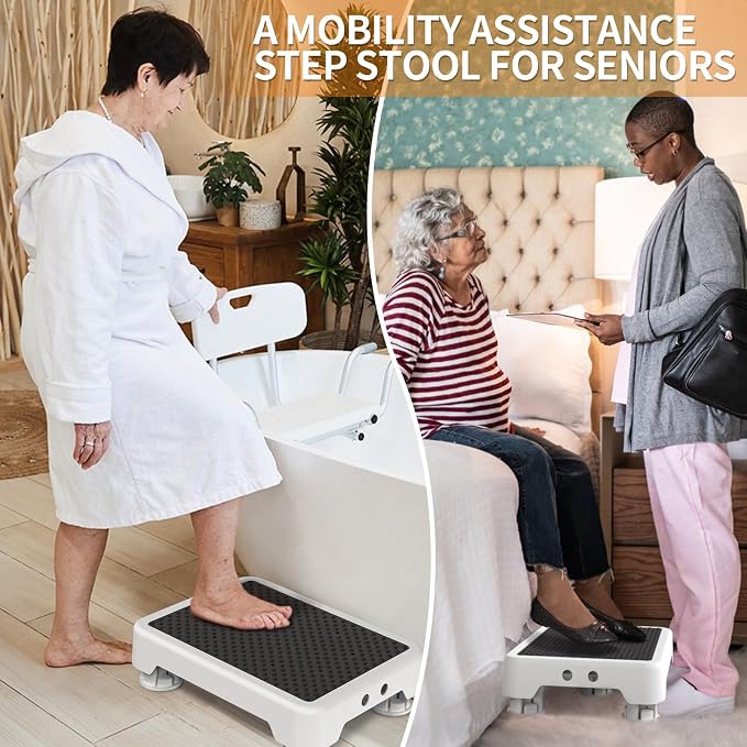 Ronlap Small Step Stools for Adults Car Step Stool for Elderly, White-Black | Adjustable short one-step plastic platform for seniors & mobility assistance, use by bed, shower, car, RV, stairs & outdoor