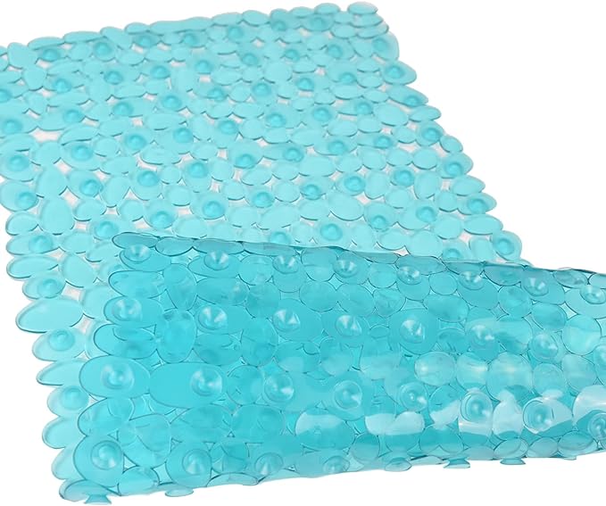 Pebble Shower Mat for Bathtub Non Slip 35"X16" with Suction Cup Clear Green | Anti Slip in Shower with Drain Holes