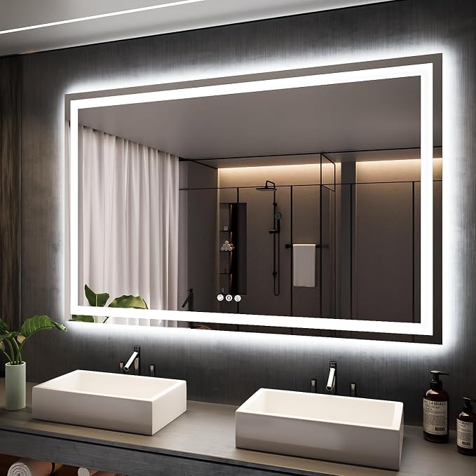 ISKM 60x40 LED Mirror for Bathroom, Front and Back Lit, Anti-Fog, Dimmable | Memory Function,ETL,3 Color Temps 3000K-6000K,IP65 Waterproof ,Tempered Glass, Plug in or Hardwired, for Makeup & Shaving