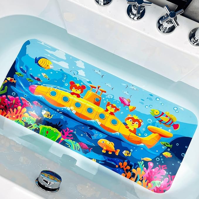 Bath Mats for Tub Kids,Baby Toddler - Large Cartoon Non-Slip Bathroom Bathtub Anti-Slip Shower Mats for Floor 35x15,Machine Washable XL Size Bathroom Mats (Submarine)