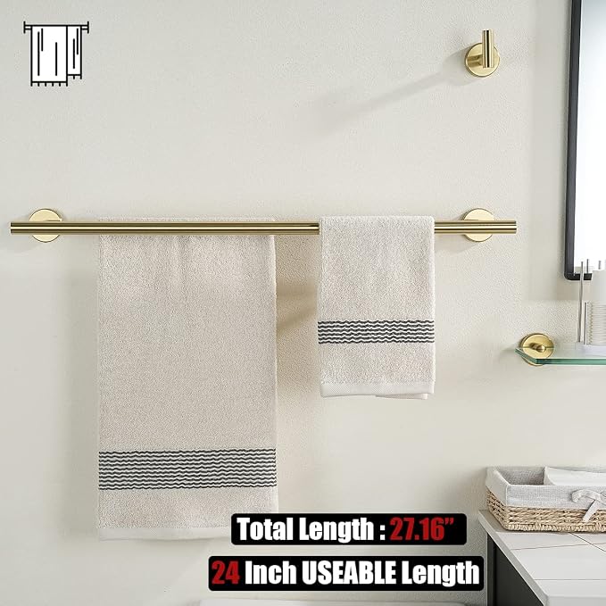 JQK Bathroom Hardware Set, 5-Piece Bath Accessories Set Brass Gold Wall Mount Includes 24 in Towel Bar, 9 in HT Bar, TP Holder, Towel Hook x 2 Brushed Gold, BAS105-BG