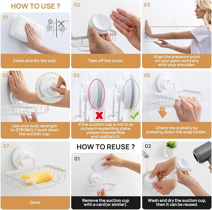 Soap Dish, Soap Bar Holder for Shower Suction Cup Wall Mounted | Stainless Steel No-Drilling Removable Waterproof Sponge Holder for Bathroom Bathtub Kitchen Sink, Keep Dry, White