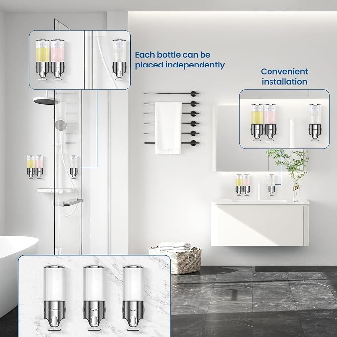 EXIN DECHEN Shampoo and Conditioner Dispenser(Triple x 16.9 oz,Clear) | Easy Installation,Wall-Mounted,Bottle Separable,Large Capacity,Shower Shampoo Conditioner Body Wash Dispenser for Bathroom