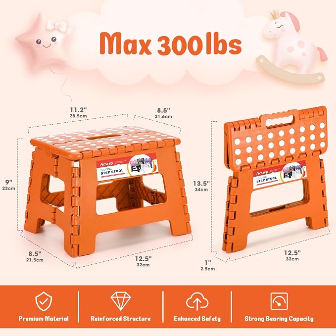Folding Step Stool 9 Inch for Kids and Adults, 300 lbs, Orange | Lightweight Plastic Small Foldable Step Stool with Handle, Non-Slip, for Kitchen, Bathroom, Bedroom and Closet