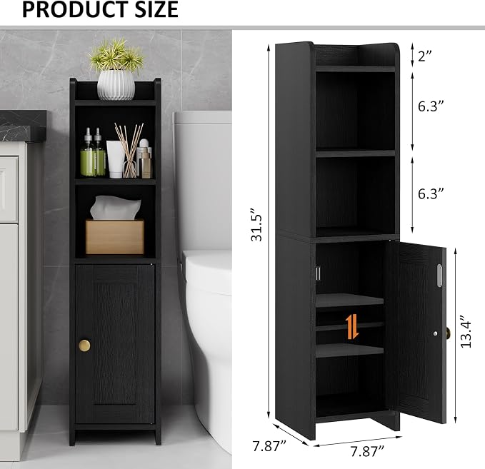 Lomojo Small Bathroom Storage Cabinet Corner, 7.87"Dx7.87"W x31.5"H (Black) | Freestanding Narrow Toilet Paper Holder, Organizers for Bathroom Small Spaces Floor Cabinet with Adjustable Shelves and Door