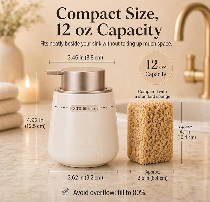 BosilunLife Ceramic Soap Dispenser - Dish Soap Dispenser for Bathroom 12Oz | Refillable Liquid Hand Wash Dispenser for Essential Oil, Lotion Soap, Apricot with Speckle