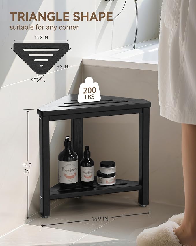 Shower Foot Rest 15in, HDPE Waterproof Shower Stool for Inside Shower, Corner Shower Stool for Shaving Legs with Storage Shelf for Small Space, Shower Step Stool, Plastic Corner Shower Bench, Black