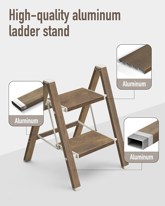Mayi Plus 2 Step Stool Foldable, Aluminum, Lightweight Step Ladder | Extra-wide anti-slip folding steps with 330 lbs, for home,kitchen,office,outdoor,Cherry woodgrain