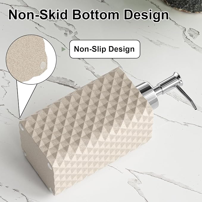 Bathroom Accessories Set Resin 6PCS, Square Toothbrush Holders Set Complete with Soap Dispenser, Vanity Tray, Tumbler, Cups and Cotton Swab Jars (Beige Diamond, Resin Bath 6 PCS)