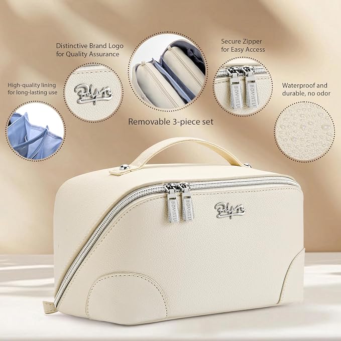 BOYATU Travel Makeup Bag Cosmetic Bags for Women: 3-Piece Makeup Bag Set | | Up to 20 3.4-oz Bottles | 180° Open-Flat Toiletry Organizer for Travel Essentials | Gift-Ready | (C-3-White)