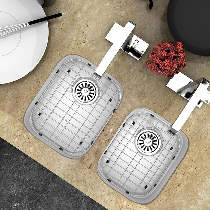 Sink Protectors for Kitchen Sink, Sink Grids 13" x 16" Big Kitchen Sink Grate, 11 1/4” x 14 1/2” Small Kitchen Sink Grid with Rear Drain for Single Sink Bowl, Sink Bottom Grid, 2 Pack