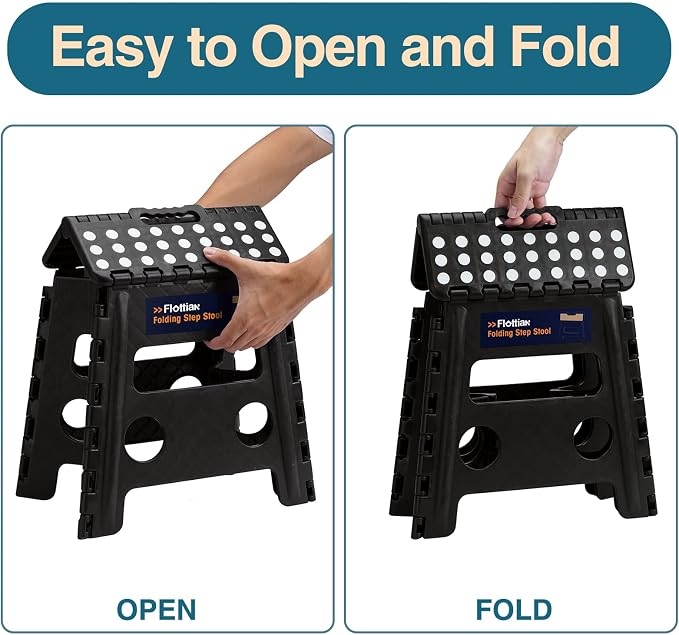 Flottian 13" Folding Step Stool for Adults and Kids Holds Up to 300 lbs,Non-Slip Folding Stools with Handle, Compact Plastic Foldable Step Stool for Bathroom,Bedroom, Kitchen Gray,1PC