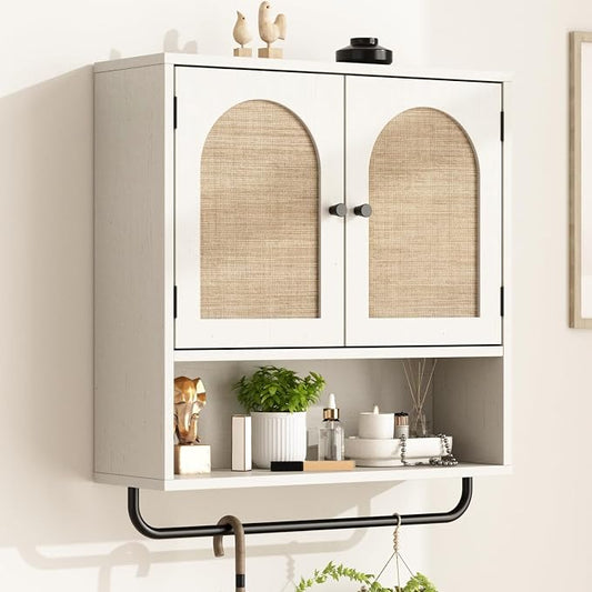 RUSTOWN Rattan Bathroom Wall Cabinet, Boho Medicine Cabinet with 2 Doors | Arched Doors, Farmhouse Over The Toilet Storage Cabinets, Adjustable Shelves, Towel Bar, 3-Tier Wall Mounted Cabinets