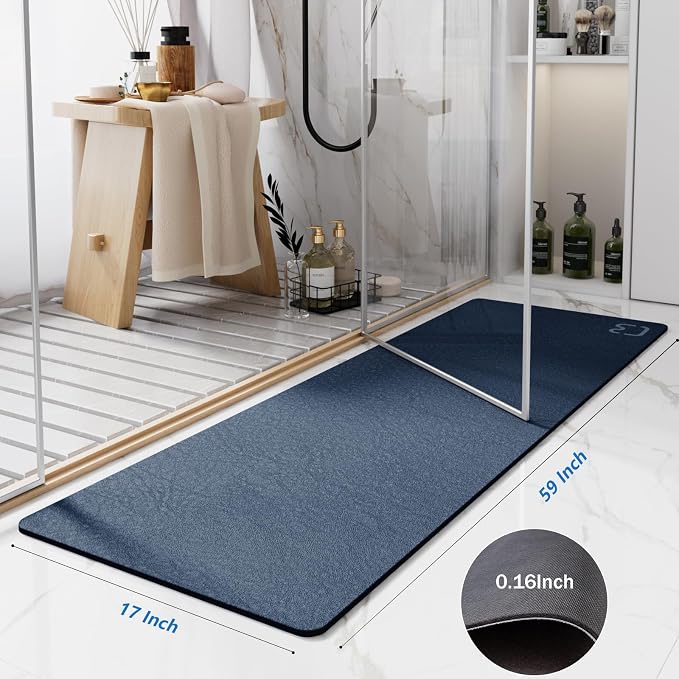 Extra Long Bathroom Runner Large Stone Bath Mats for Bathroom,17"x59"Navy | Non Slip Rubber Backed Quick Dry Super Absorbent Diatomaceous Earth Bath Mat Extra Long Thin Diatomite Bathroom Mat Runner