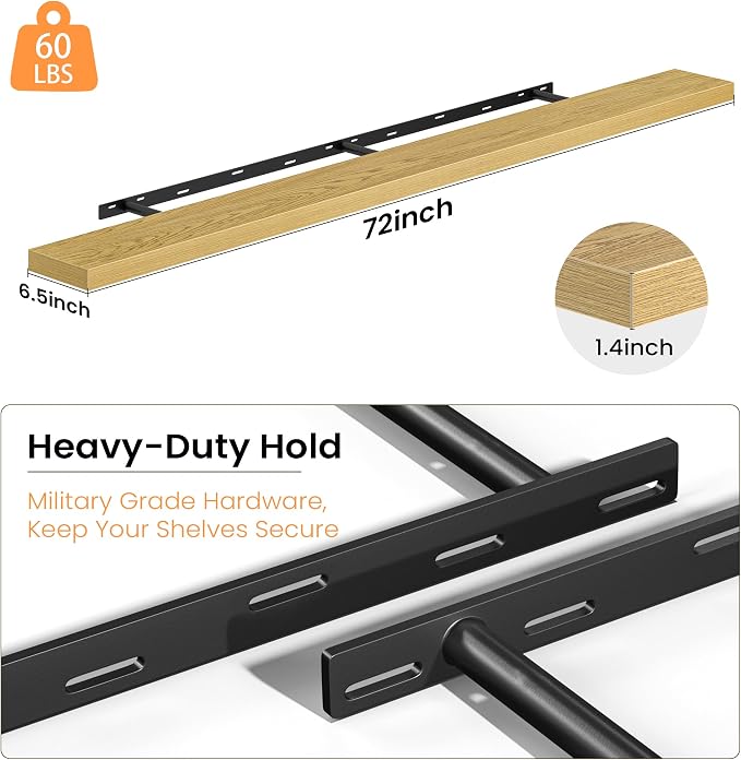 72 Inch Floating Shelves for Wall, Rustic Wood Wall Mounted Deep Storage Shelves with Invisible Brackets, Panoramic Decorative Display Ledge for Living Room Bedroom and Kitchen, Set of 2, Oak