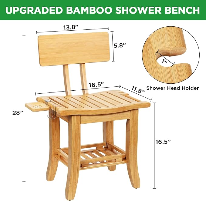 Bamboo Shower Chair for Inside Shower Adults Elderly Disabled | Two-Tier Shower Bench with Storage Shelf, Soap Dish, Shower Head Holder, Watrerproof Shower Seat for Pregnant