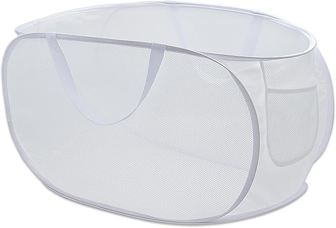 Sturdy Mesh Laundry Hamper Basket Bag,collapsible Pop up for Laundry Room | Folding Foldable Baskets with Side Pocket Travel Clothes Organizer for Bathroom,Kids Room,College Dorm (Horizontal,White)