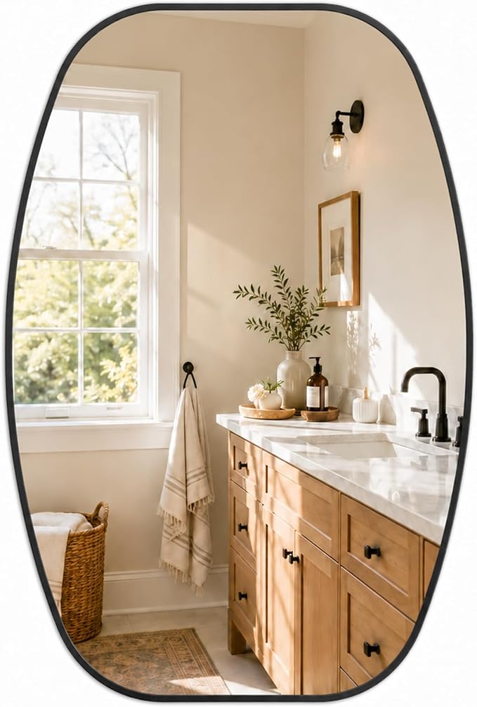 Matte Black Capsule Bathroom Mirror, 24x36 Inch | Aluminum alloy frame, pill-shaped design, tempered glass, two-way mount for dresser and console