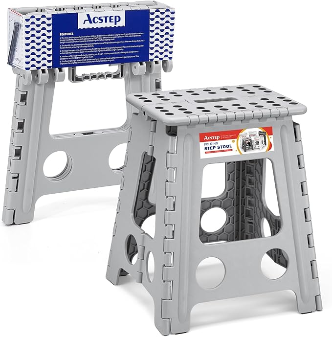 16 Inch Folding Step Stool, Heavy Duty, 400 lbs, Grey | Lightweight Collapsible Stepping Stool for Adults with Handle, Non-Slip, for Kitchen, Bathroom, Bedroom and Outdoor Use