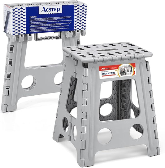 16 Inch Folding Step Stool, Heavy Duty, 400 lbs, Grey | Lightweight Collapsible Stepping Stool for Adults with Handle, Non-Slip, for Kitchen, Bathroom, Bedroom and Outdoor Use