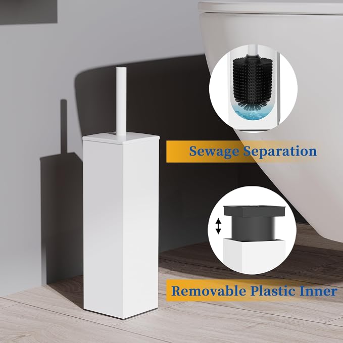 RUACQ Toilet Brush and Holder Set, Square, White | SUS304 Stainless Steel Handle, Toilet Cleaner Brush with Durable Scrubbing Bristles, Splash-Proof