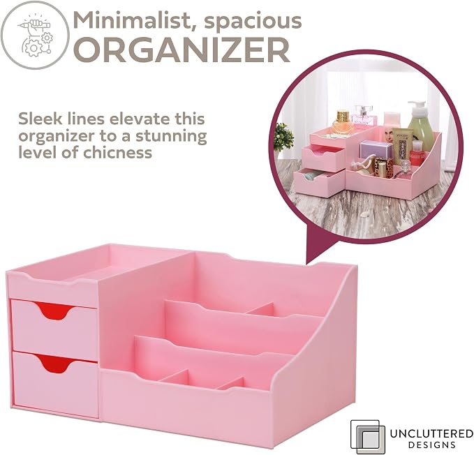 Makeup Organizer With Drawers - Cute Kawaii Countertop Storage for Cosmetics, Pretty Vanity Holder for Perfume, Skincare, Brush, Lipstick, Nail Polish and other Accessories (Pink)