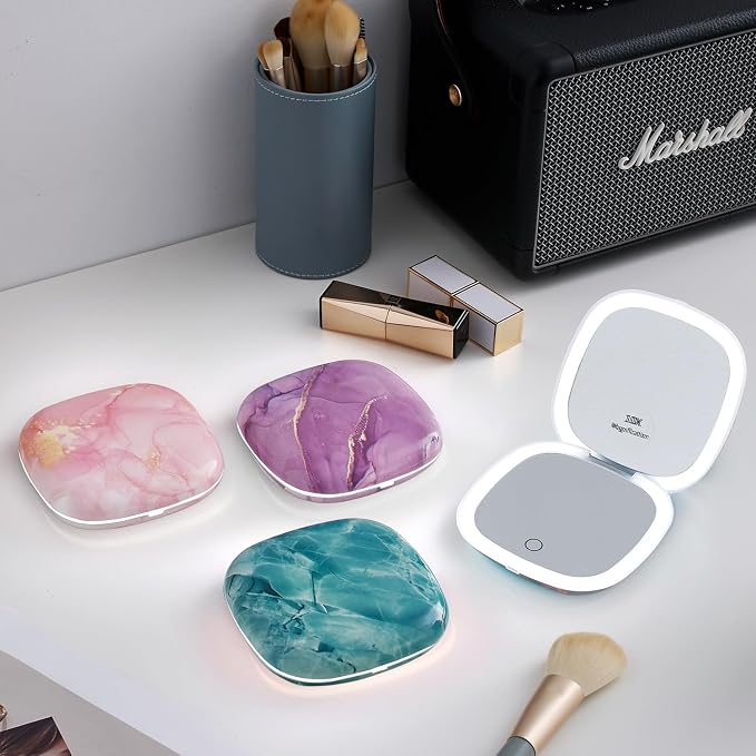 Mocado Compact Mirror with Light-4 Inches Compact 1x/10x Magnifying Mirror | Double Sides Lighted, 3 Colors Lighting, 0-100% Brightness, Diammable Touch, 1200mAh Rechargeable, For Pocket, Purse