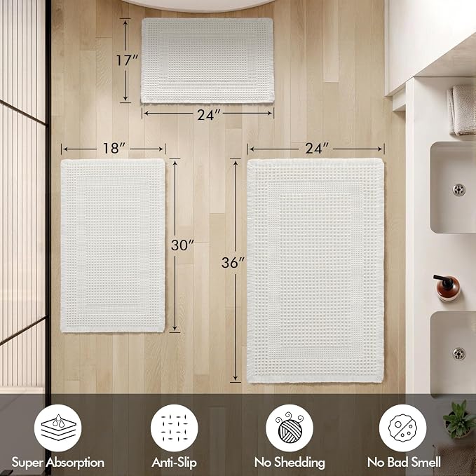 MIULEE Set of 2 Waffle Bathroom Rugs White Boho Bath Mat 17x24+18x30 in | Looped Design, Super Absorbent, Non Slip, Washable, Ultra Soft, Rubber Backed, Bathroom Mats for Floor Tub Shower
